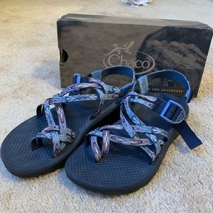 Blue, Pink, and White Chacos Double Strap